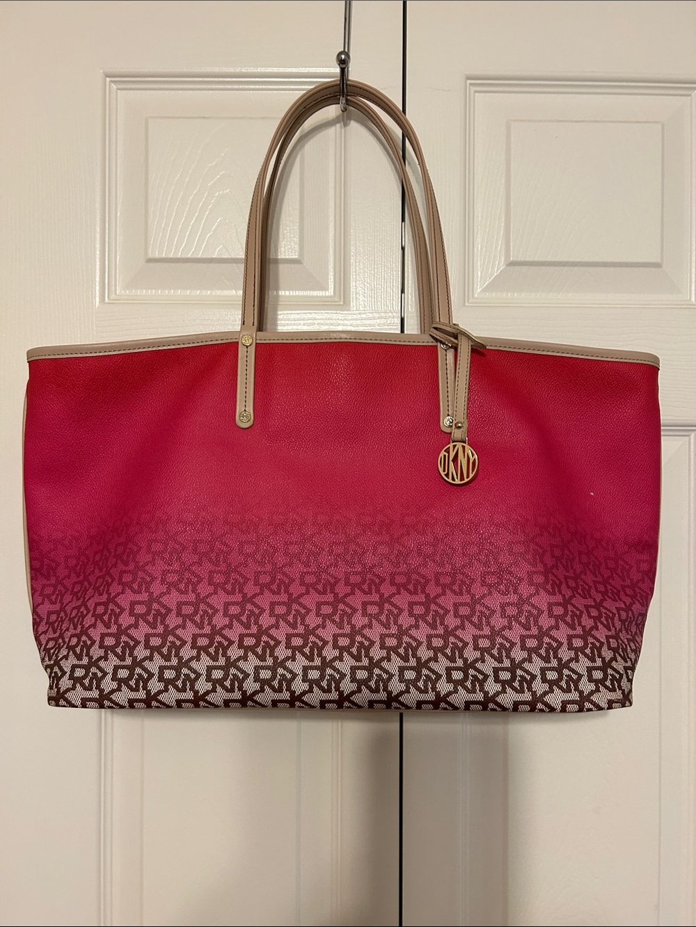 DKNY Pink Ombre Logo Tote with Tan Handles and Gold Charm
